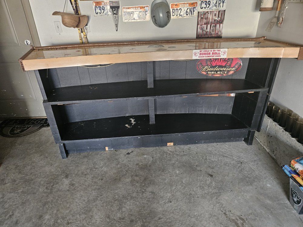 Custom Curved Home Bar with Open Rear Storage Shelves & Padded Trim