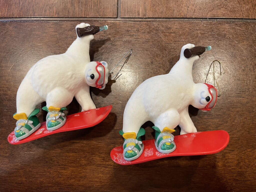 2 Hallmark Coca Cola Bear Snowboarding Ornaments