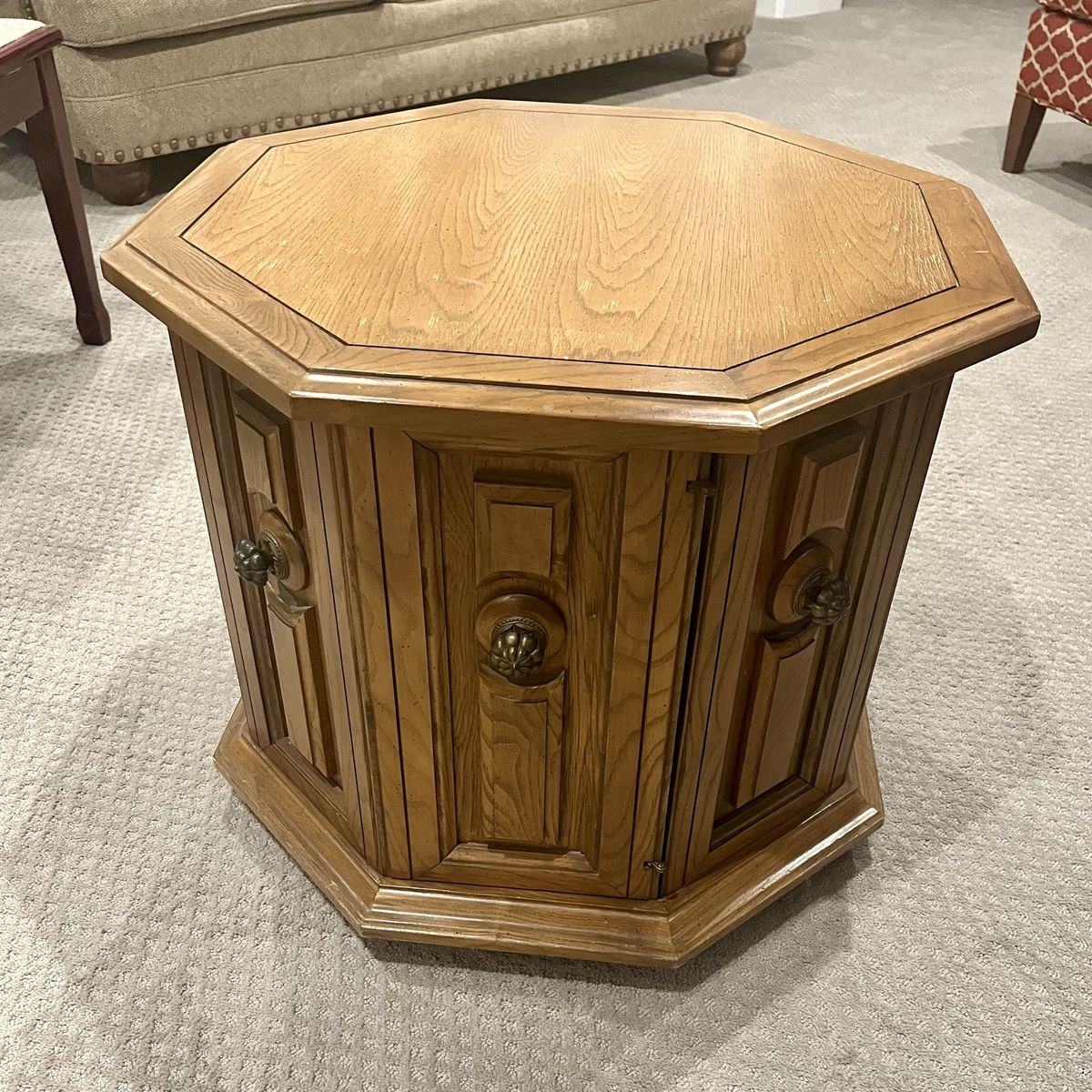 Vintage Octagon End Table with Storage, Light Wood Finish, Ornate Pulls