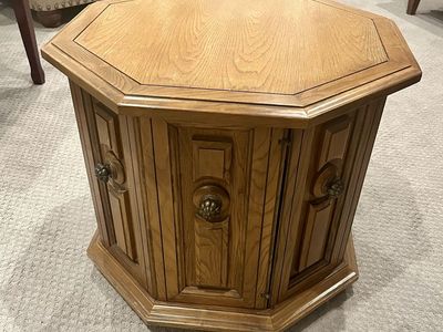 Vintage Octagon End Table with Storage, Light Wood Finish, Ornate Pulls