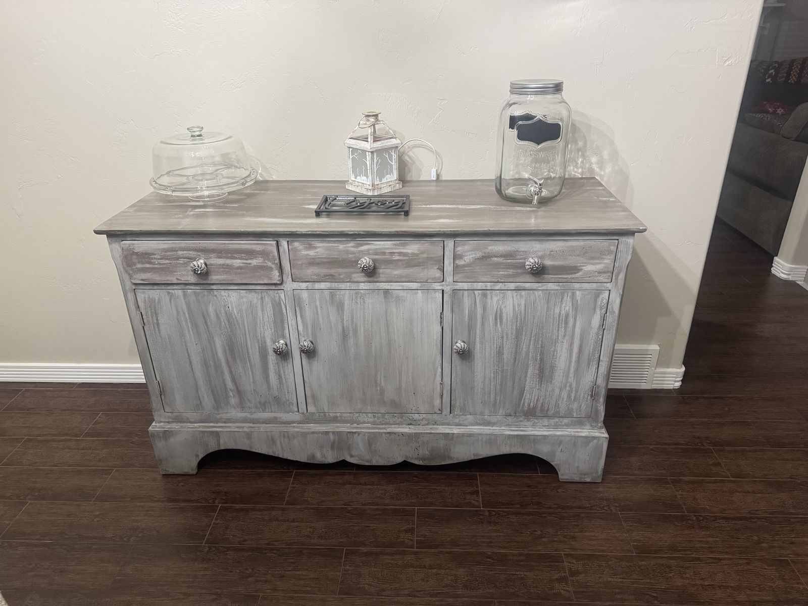 Distressed Gray Wood Buffet Sideboard Cabinet with Storage Drawers