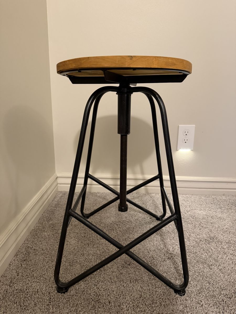 Industrial Style Adjustable Swivel Bar Stool with Wood Seat & Metal Base