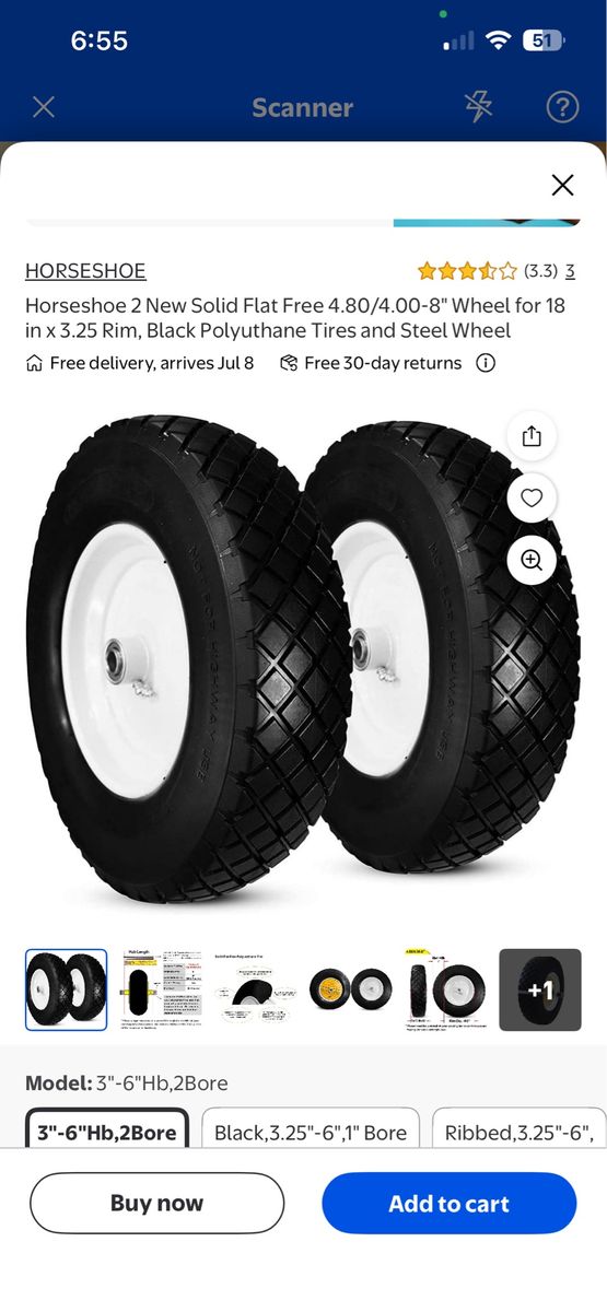 HORSESHOE 2-Pack 18" x 3.25" Solid Flat-Free Polyurethane Tires w/ Steel Wheels, 4.80/4.00-8"