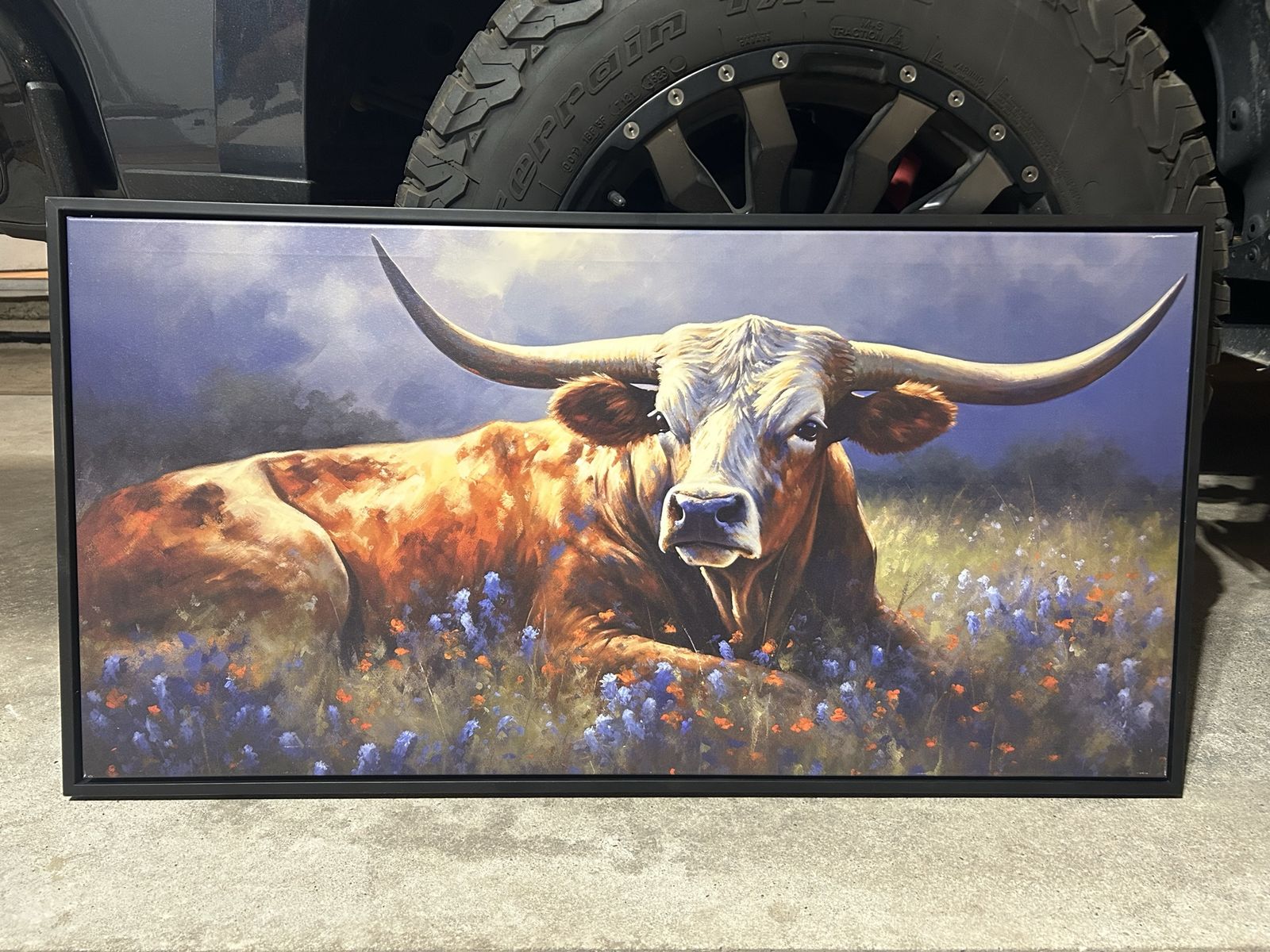 Framed Longhorn Bull Canvas Wall Art with Black Floating Frame
