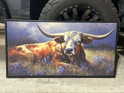Framed Longhorn Bull Canvas Wall Art with Black Floating Frame