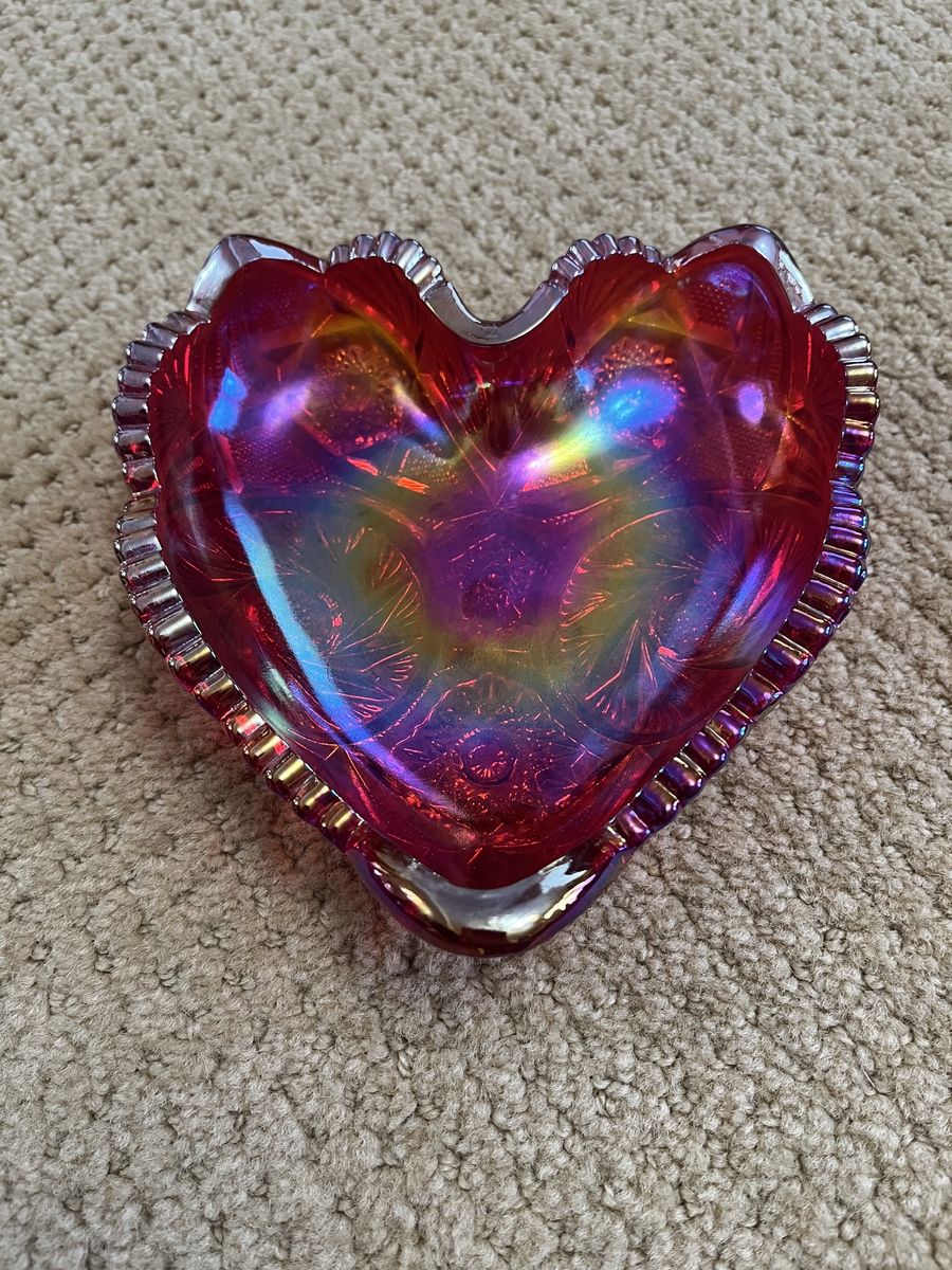 Stunning Heart Shaped Red Carnival Glass - Antique