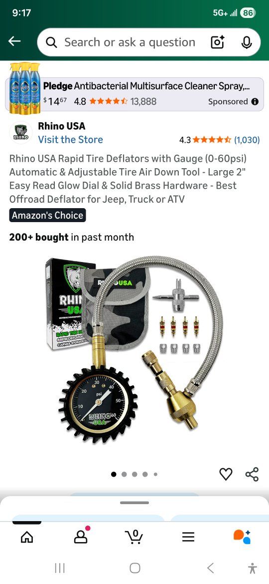 Rhino USA Rapid Tire Deflators with Gauge (0-60psi) - Automatic, Adjustable, Glow Dial, Brass Hardware