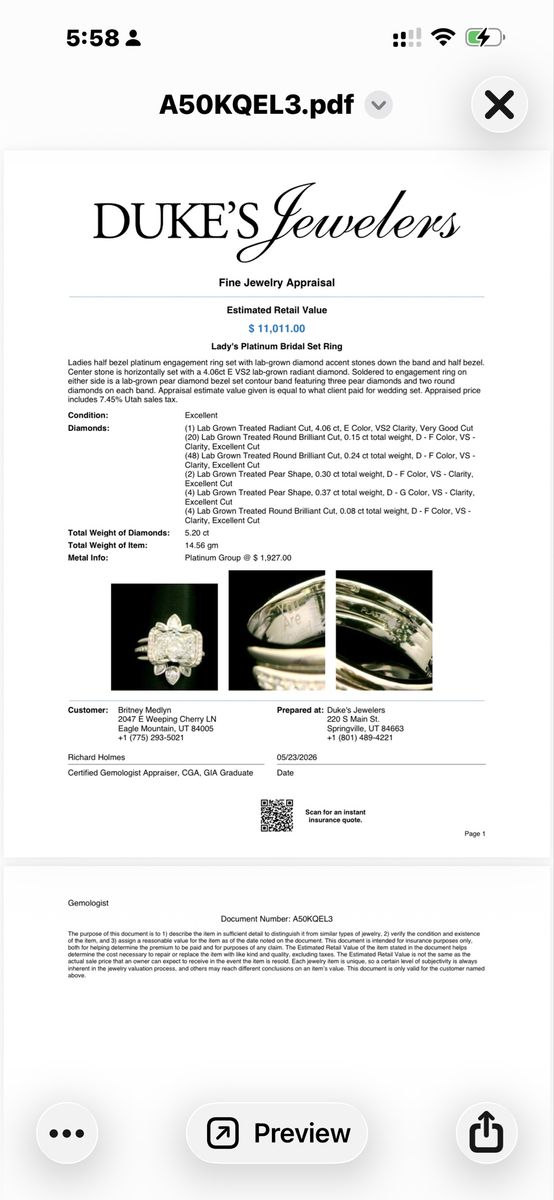Gorgeous Bridal ring with platinum and lab grown 4 carat main radiant cut diamond! Worth $11,000!!