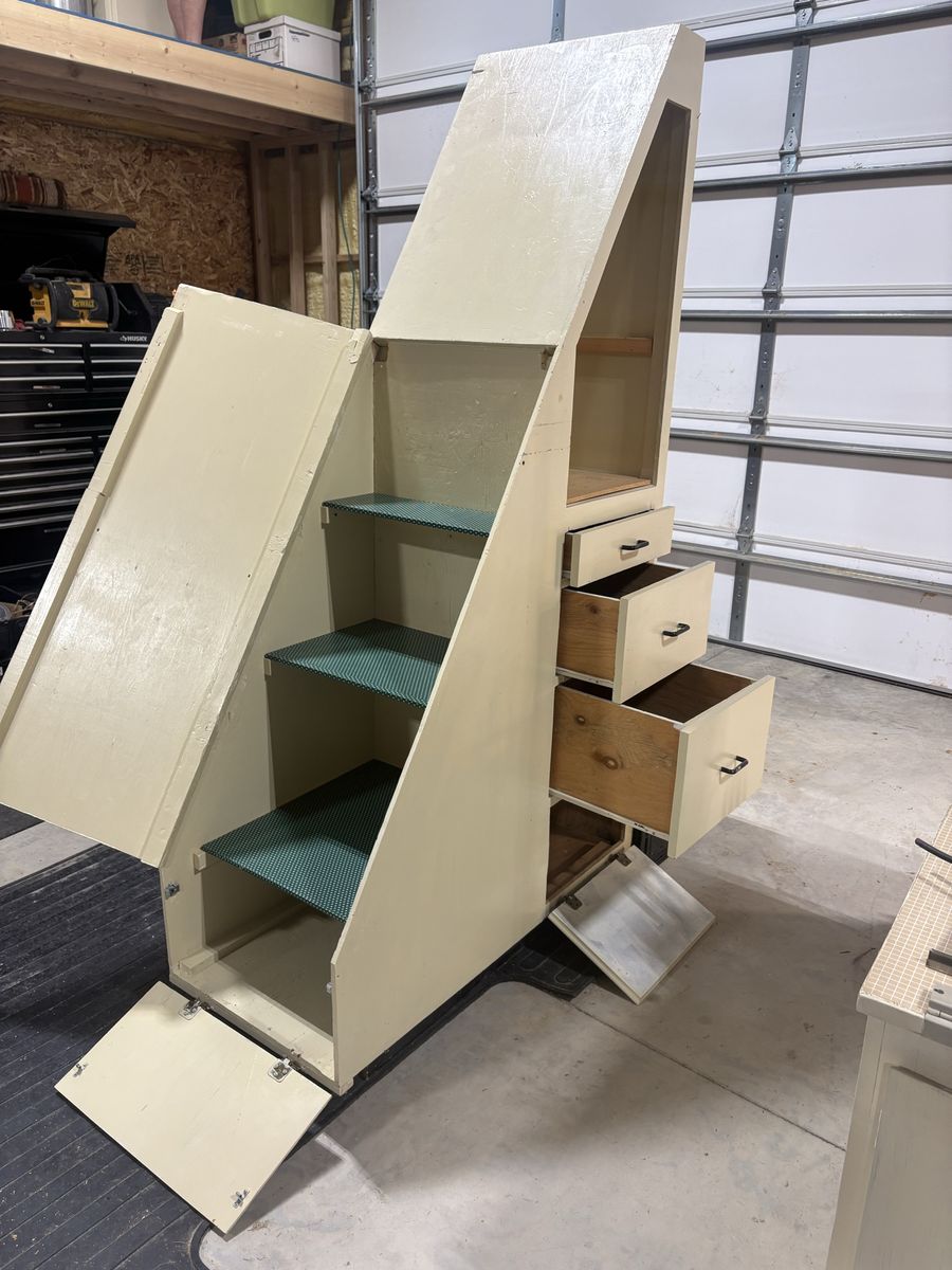 Custom Built Storage Stairs Cabinet with Shelves and Drawers - Cream/Green