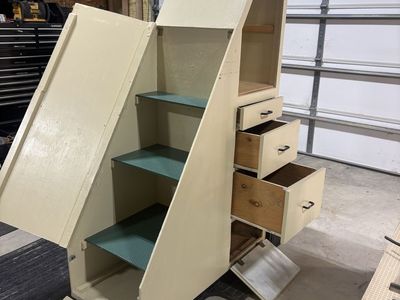 Custom Built Storage Stairs Cabinet with Shelves and Drawers - Cream/Green