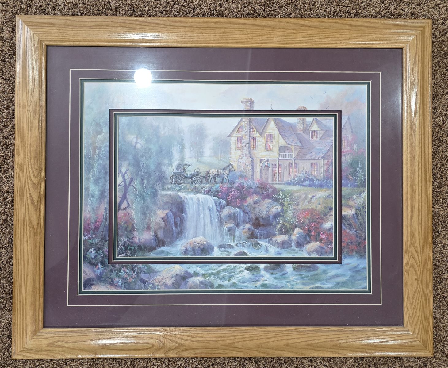 Framed Cottage and Waterfall Landscape Art