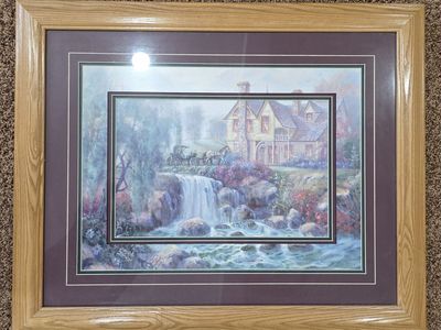 Framed Cottage and Waterfall Landscape Art
