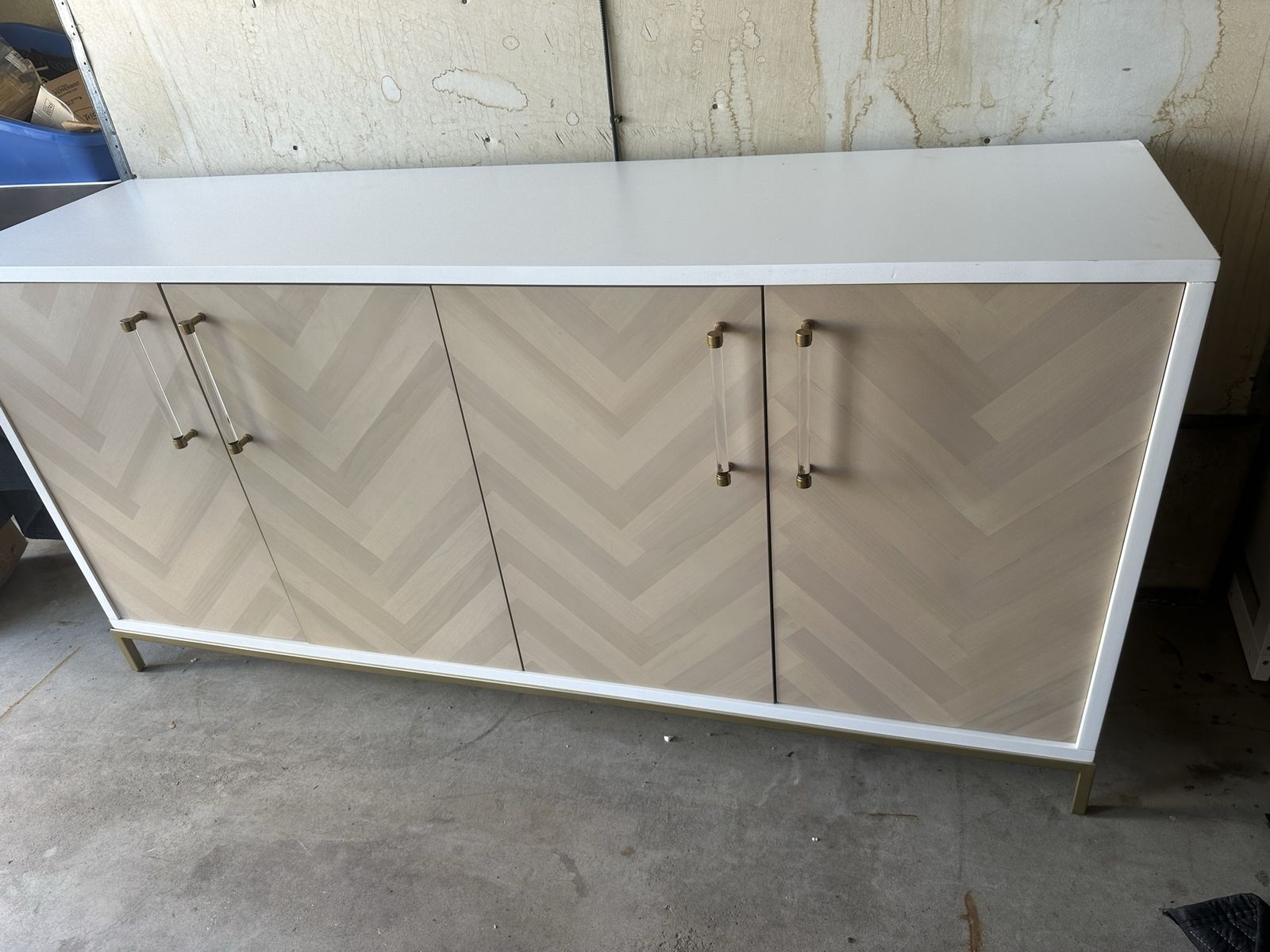 Modern White & Wood Chevron Credenza/Sideboard with Gold & Acrylic Handles - Minor Damage