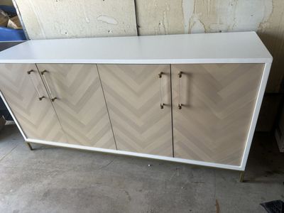 Modern White & Wood Chevron Credenza/Sideboard with Gold & Acrylic Handles - Minor Damage