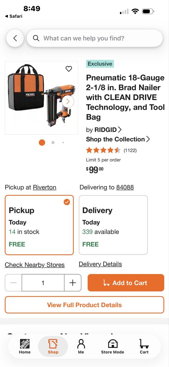 RIDGID Pneumatic 18-Gauge 2-1/8 in. Brad Nailer with CLEAN DRIVE Technology & Tool Bag