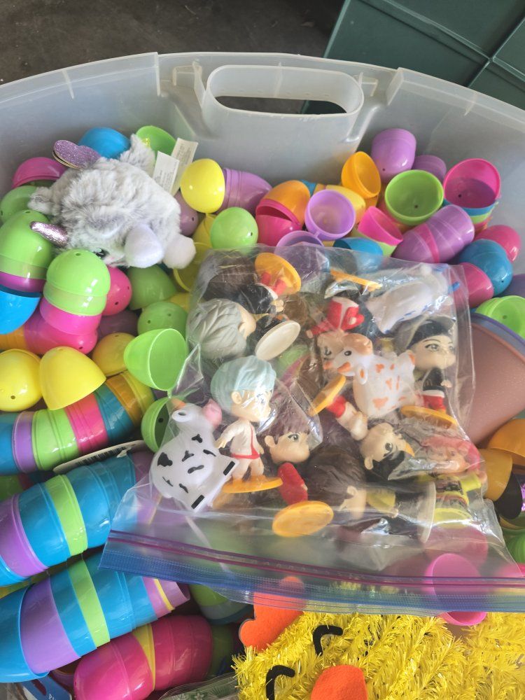 Large Bin of Assorted Toys - Easter Eggs, Figurines, Koosh, & More