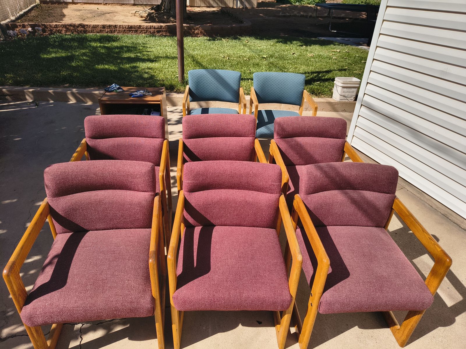 6 Vintage Wood Frame Upholstered Arm Chairs - 6 Maroon, Mid-Century Style Seating