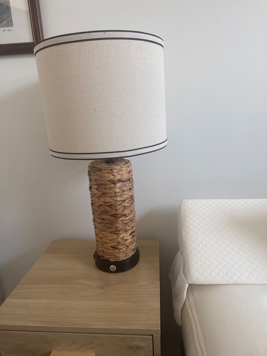 2 Wicker Rattan Table Lamps with White Fabric Shade - Coastal/Boho Style Nightstand Light