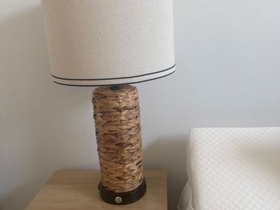 2 Wicker Rattan Table Lamps with White Fabric Shade - Coastal/Boho Style Nightstand Light
