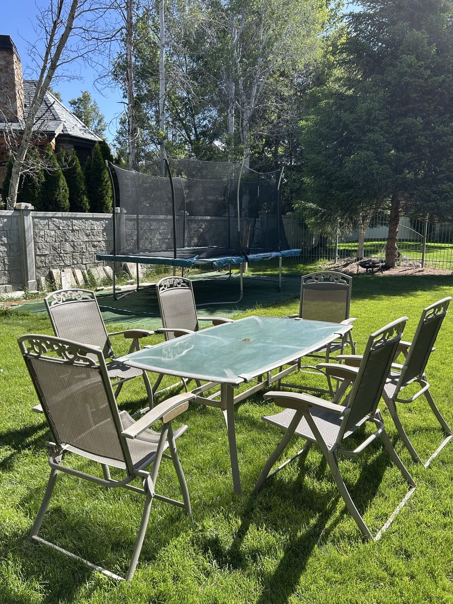 Patio Dining Set - Glass Top Table & 6 Folding Chairs - Outdoor Furniture
