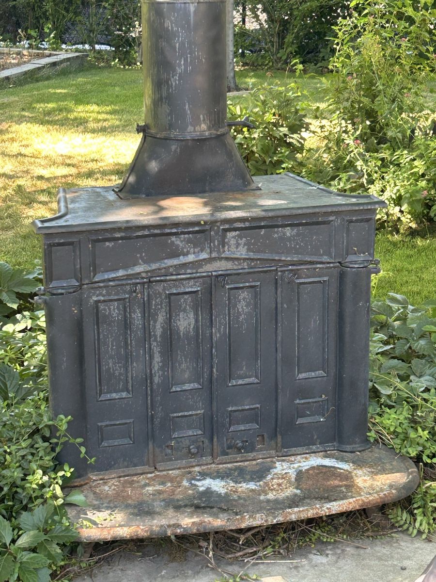 Mid-century free-standing metal/cast iron fireplace