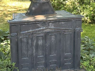 Mid-century free-standing metal/cast iron fireplace