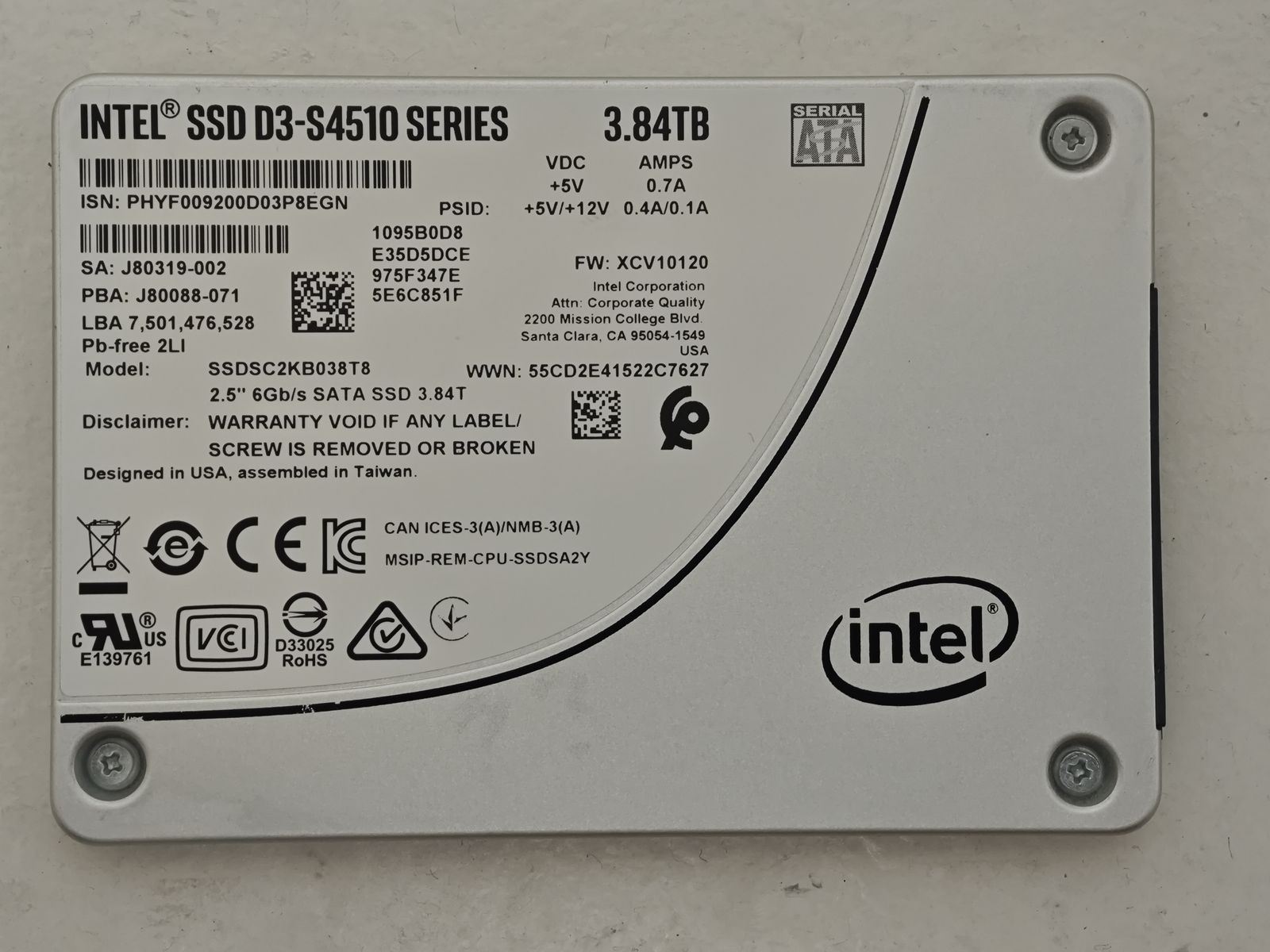 Intel D3-S4510 3.84TB Enterprise SATA SSD — Health 100%