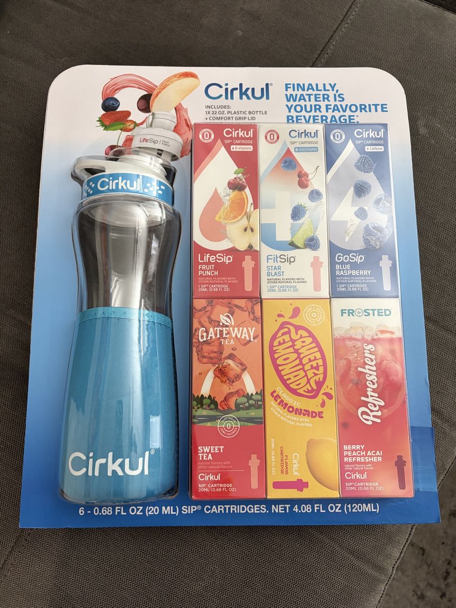 Cirkul 22oz Water Bottle Starter Kit with 6 Flavor Cartridges - Fruit Punch, Sweet Tea & More