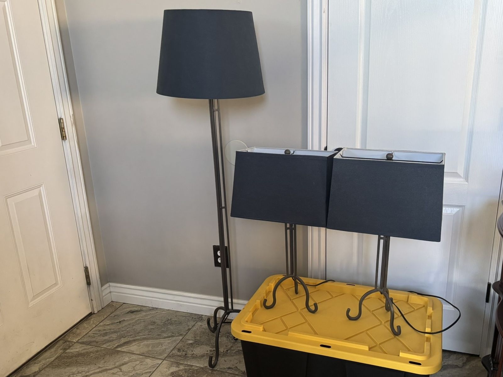 Set of 3 Metal Lamps with Navy Lampshades