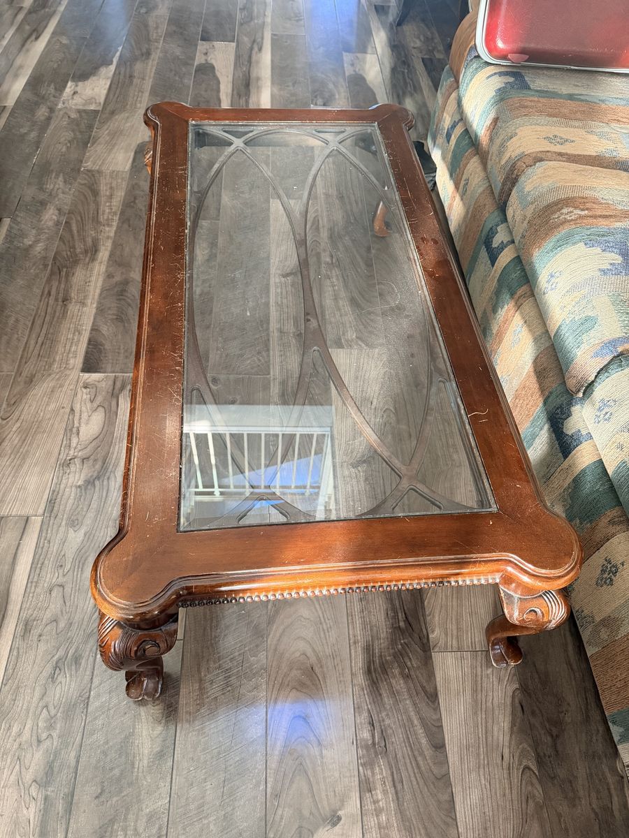 Vintage Carved Wood & Glass Top Coffee Table and 2 end tables- Ornate Living Room Furniture