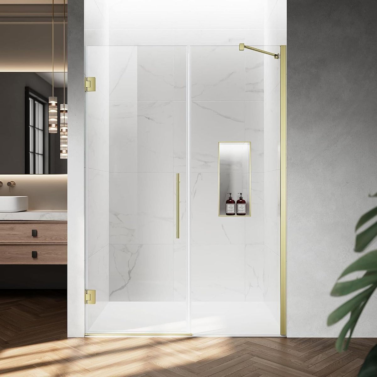 Brushed Gold Pivot Frameless Shower Door 5/16