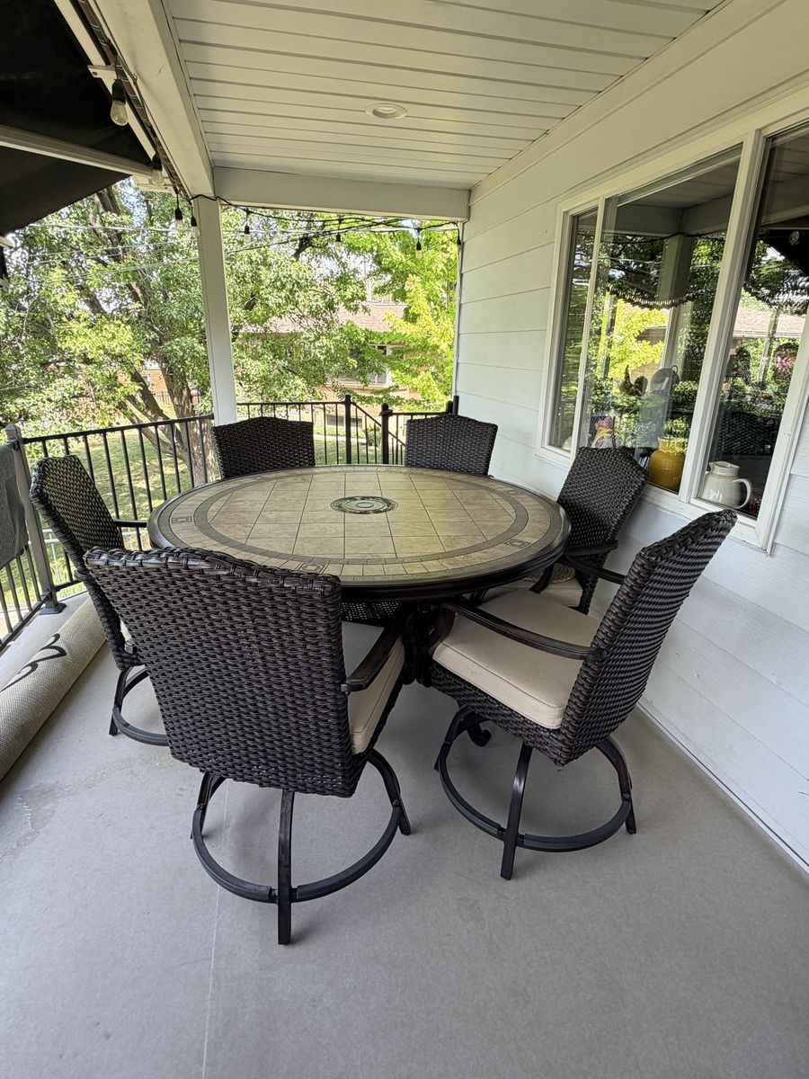 Outdoor Patio Dining Set Round Tile Table & 6 Wicker Swivel Chairs w/ Cushions