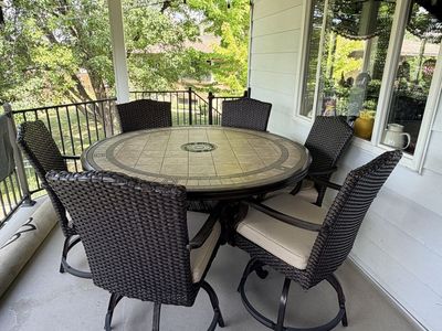 Outdoor Patio Dining Set Round Tile Table & 6 Wicker Swivel Chairs w/ Cushions