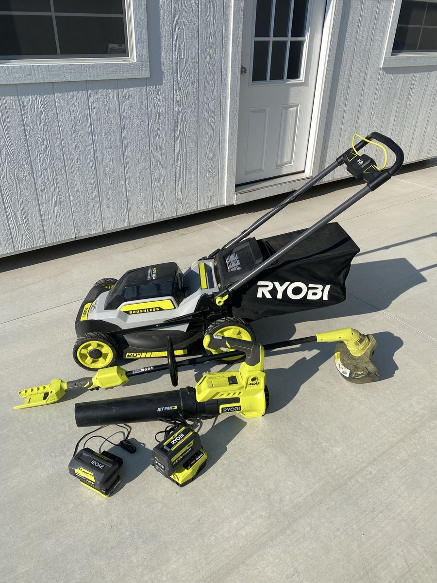 RYOBI 40V HP Brushless 20" Push Mower, Leaf Blower, String Trimmer Combo Kit with 2 Batteries