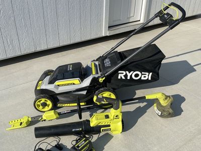 RYOBI 40V HP Brushless 20" Push Mower, Leaf Blower, String Trimmer Combo Kit with 2 Batteries