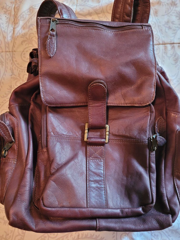 Unbranded Brown Leather Backpack Multi-Pocket Drawstring Closure Adjustable Straps. $50.