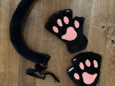 Black cat one size hand gloves and tail accessories