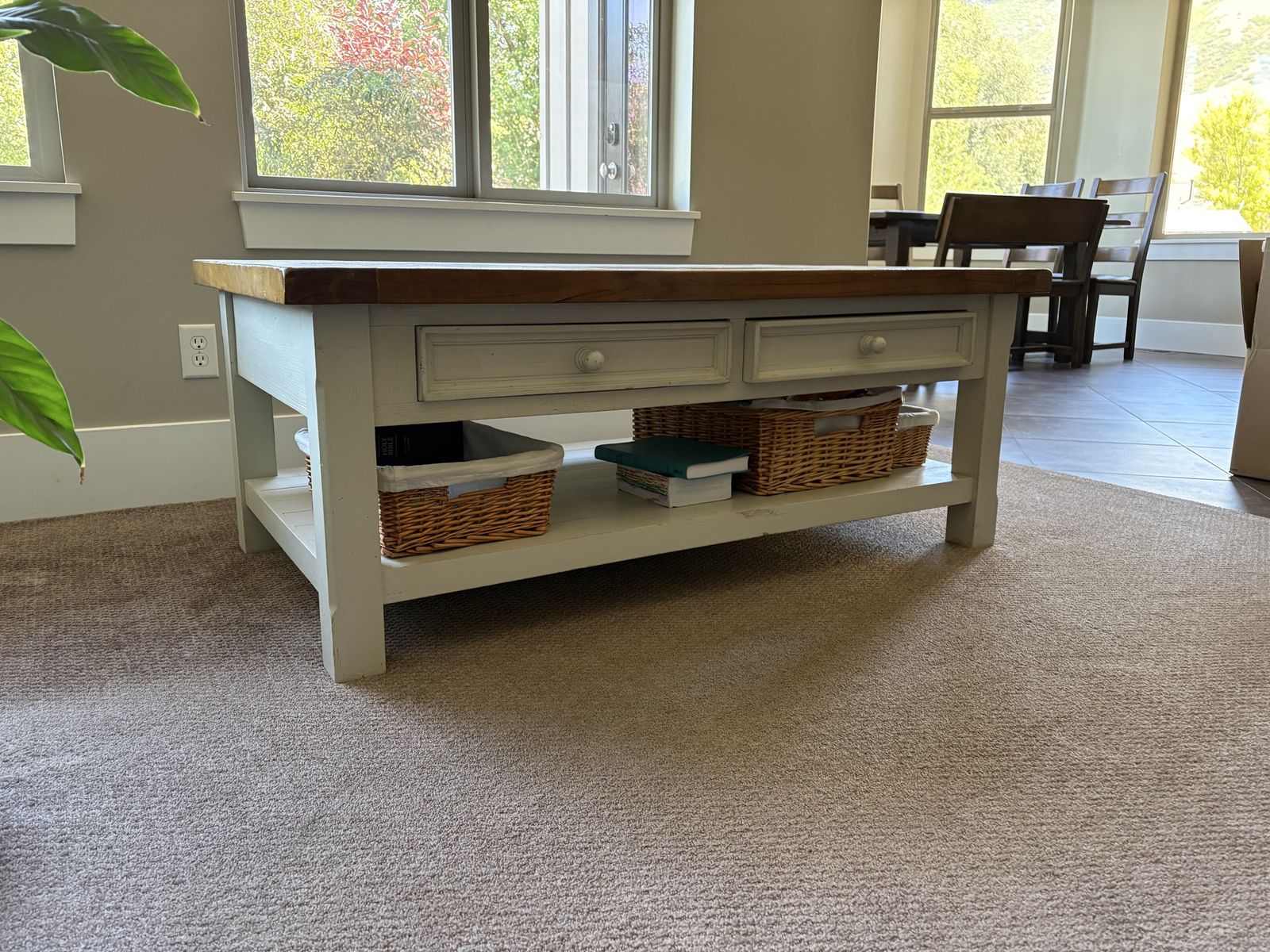 Farmhouse Style Coffee Table with Drawers & Shelf - Solid Wood Top, Cream Base