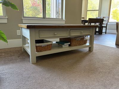 Farmhouse Style Coffee Table with Drawers & Shelf - Solid Wood Top, Cream Base