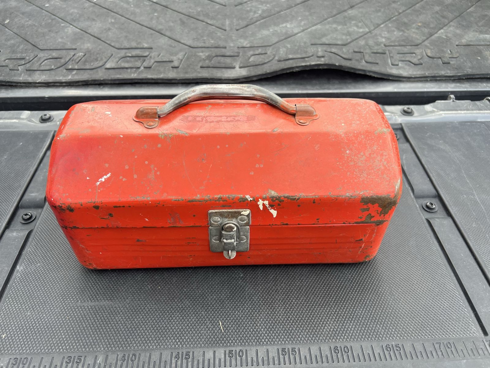Vintage Red Metal Tool Box with Metal Latch and Handle