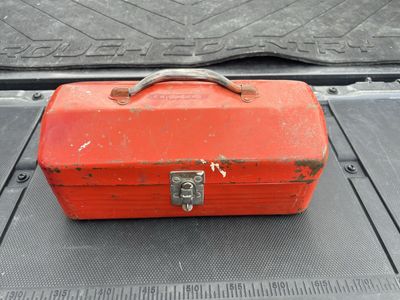 Vintage Red Metal Tool Box with Metal Latch and Handle
