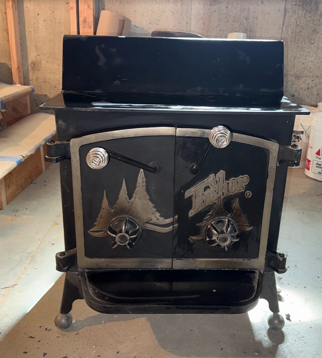 Fisher Grandma Bear Wood Stove Nickel Trim Doors