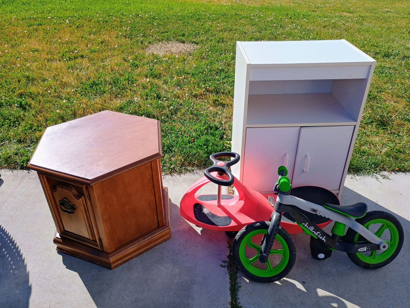 Nightstand, bike and drawer