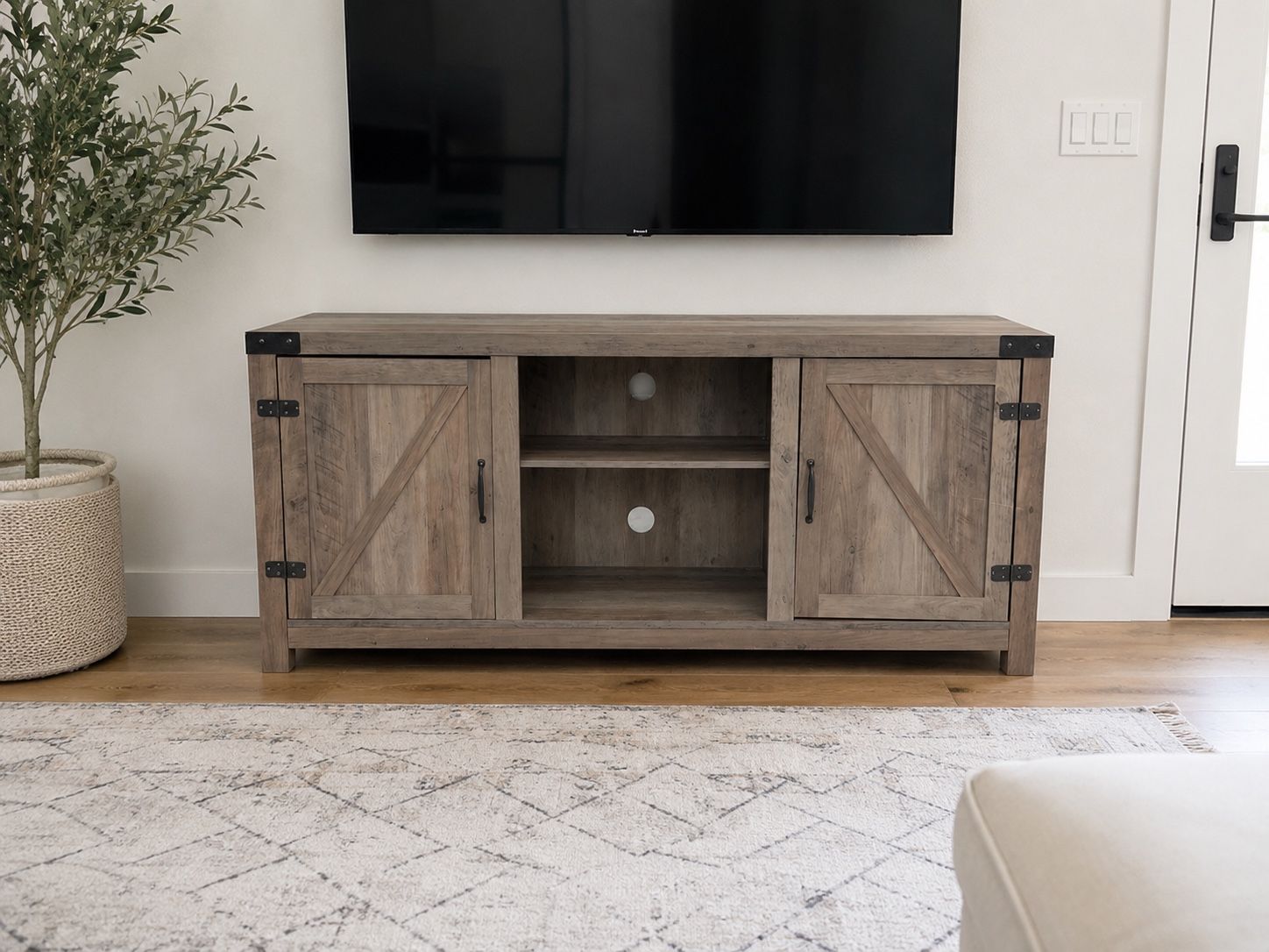 Farmhouse Style TV Stand Media Console - Rustic Wood Finish w/Barn Doors & Storage