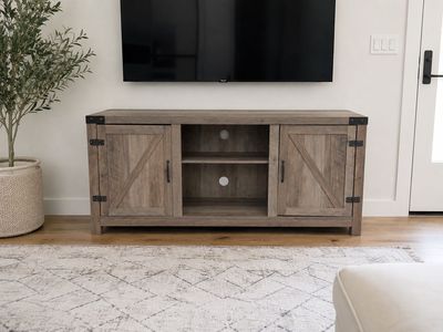 Farmhouse Style TV Stand Media Console - Rustic Wood Finish w/Barn Doors & Storage