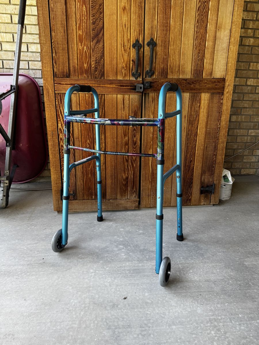 Adjustable Blue Walker with Wheels - Mobility Aid for Adults