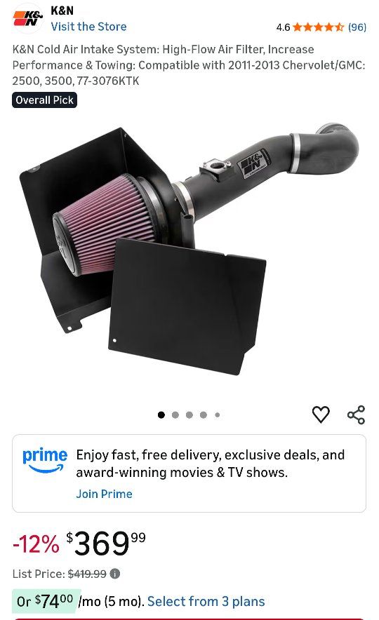 k&n cold air intake 2011 to 2013 Chevy 6.0