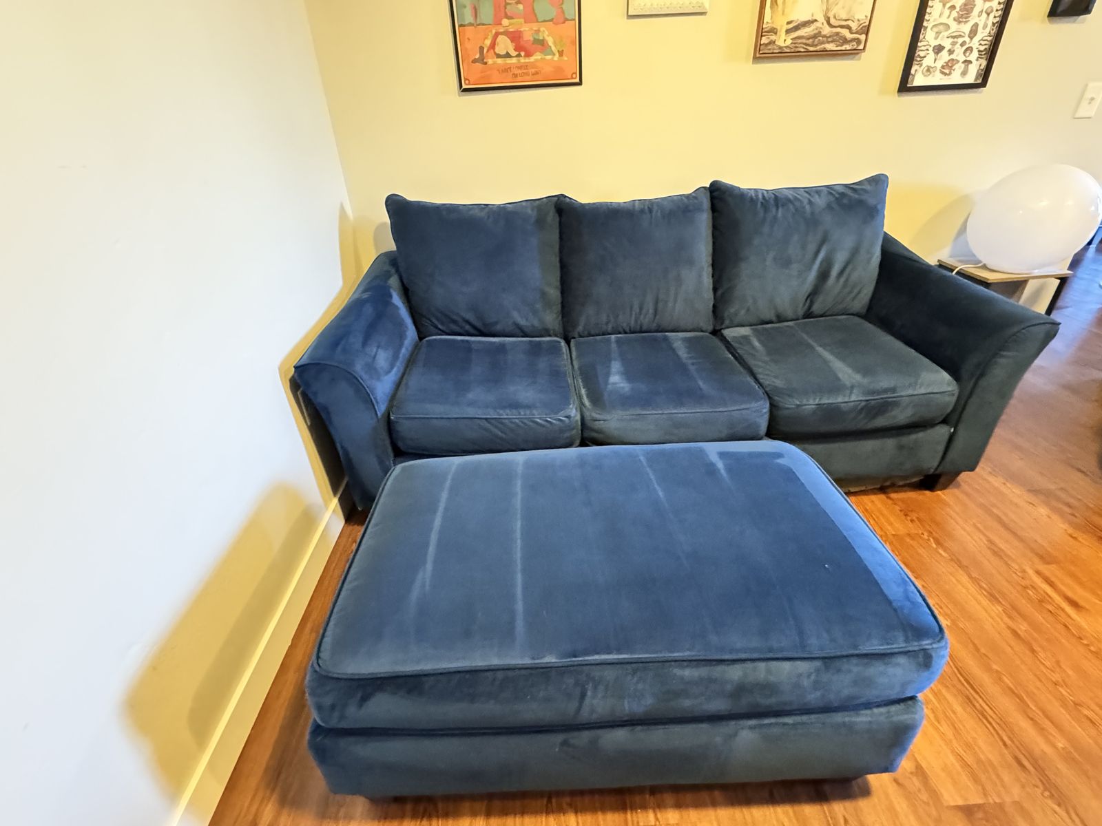 Blue Velvet Sofa and matching Ottoman