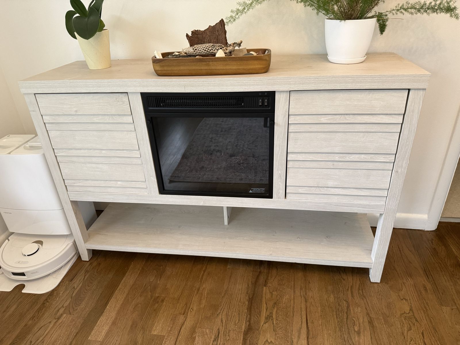 Electric Fireplace Media Console/TV Stand - White Washed Wood Finish