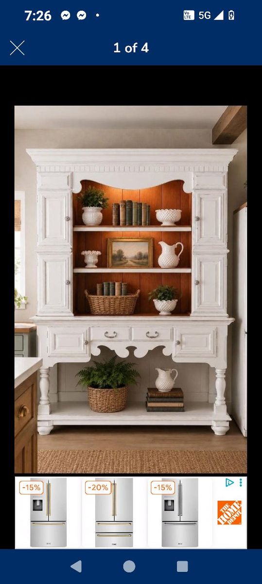 Shabby Chic White Wooden China Cabinet Hutch Display Cabinet Farmhouse Style with Drawers